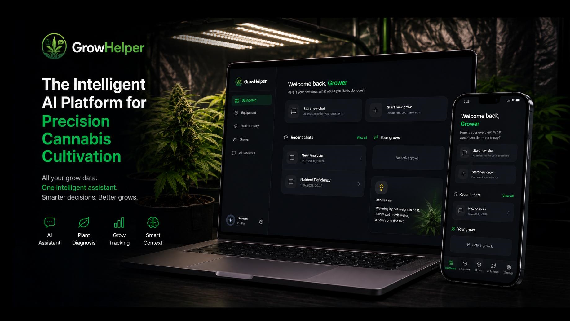 Smartphone with grow app in a modern LED-lit indoor cannabis tent