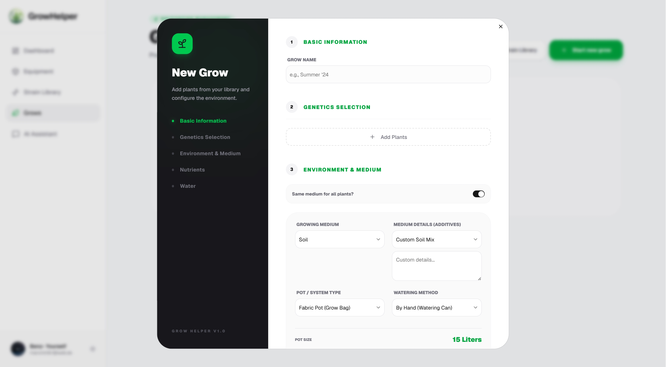 Grower holding a smartphone with a grow project dashboard next to young cannabis plants