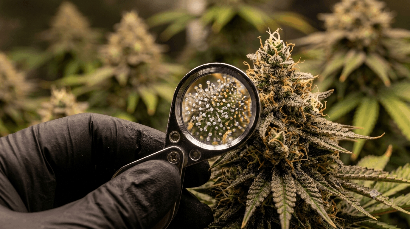 Three cannabis buds side by side showing unripe, ripe and overripe stages