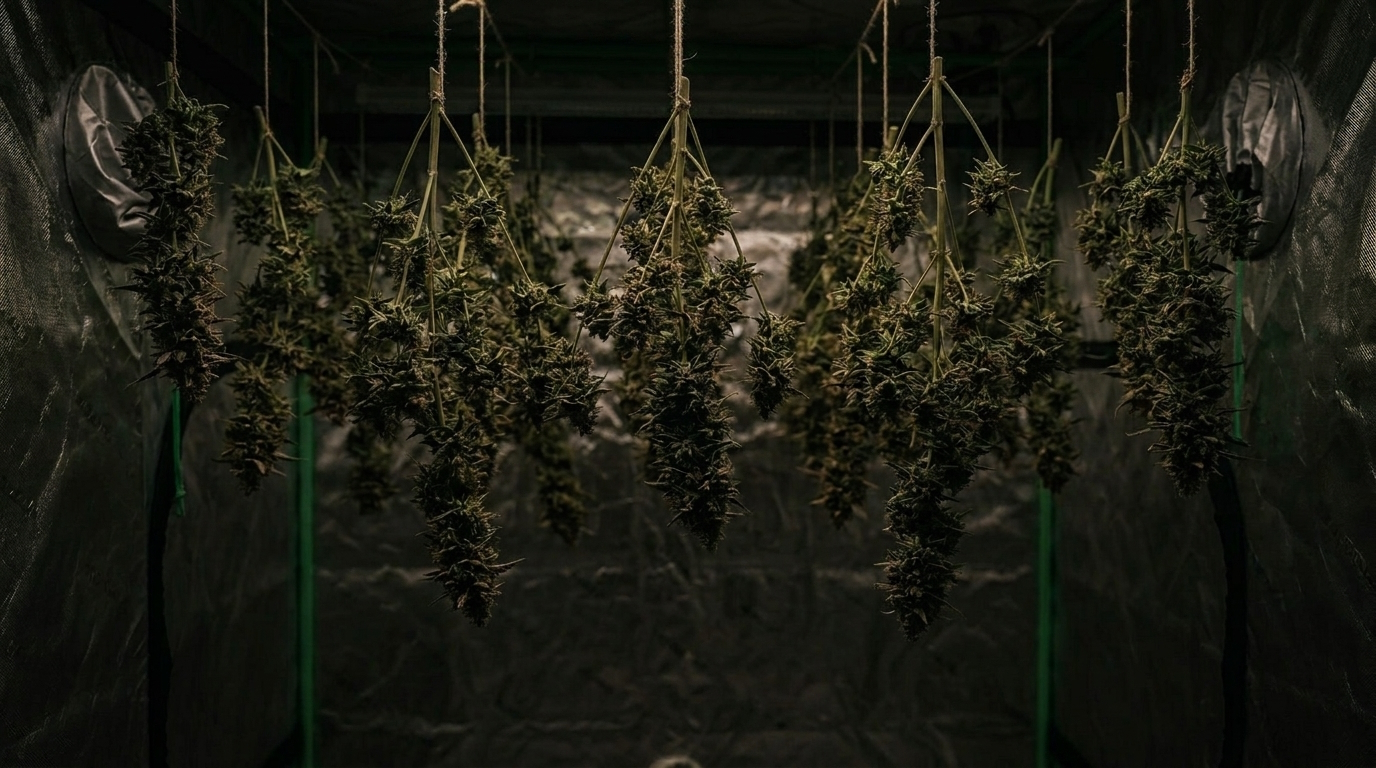 Cannabis branches hanging upside down in a dark drying room under dim red light