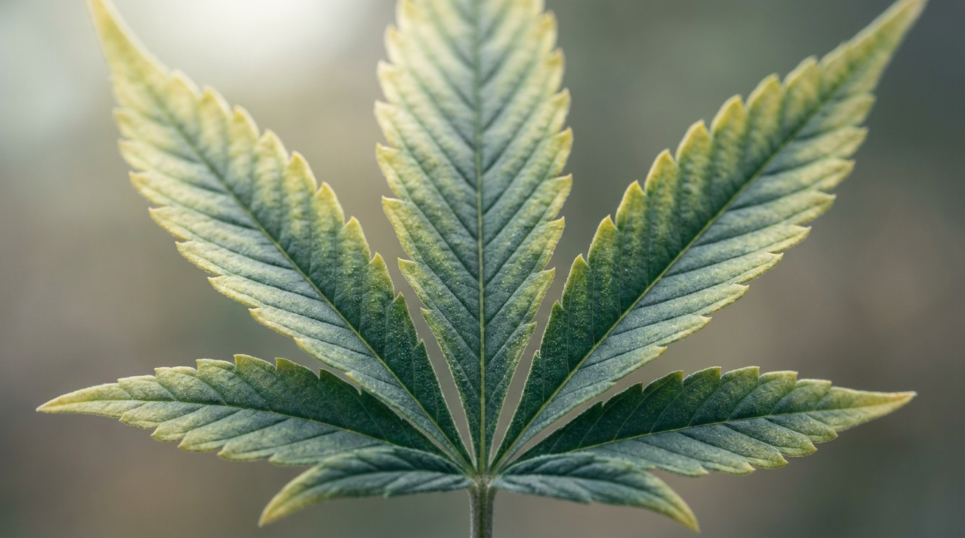 Macro photo of a cannabis leaf showing yellowing edges and chlorosis