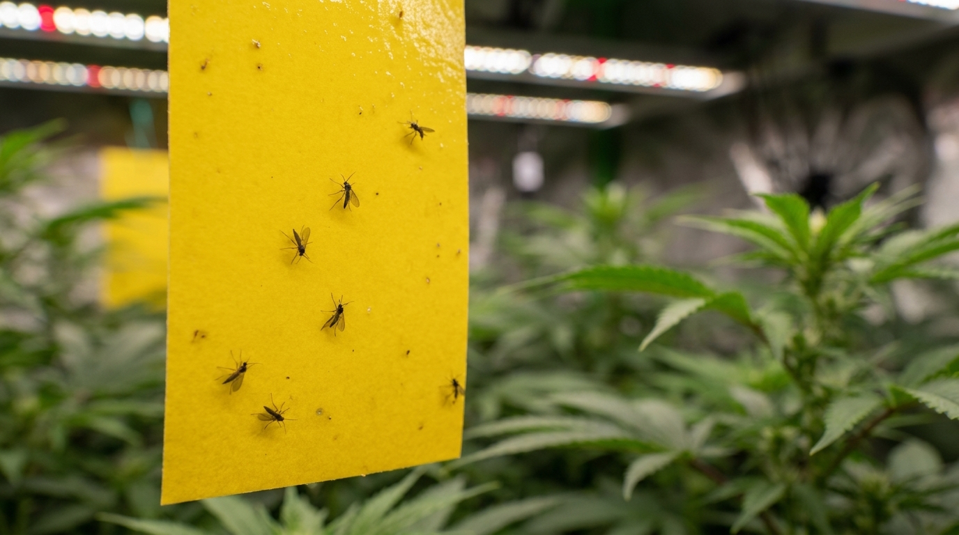Macro photo of a yellow sticky trap in a cannabis grow tent with several fungus gnats caught on it