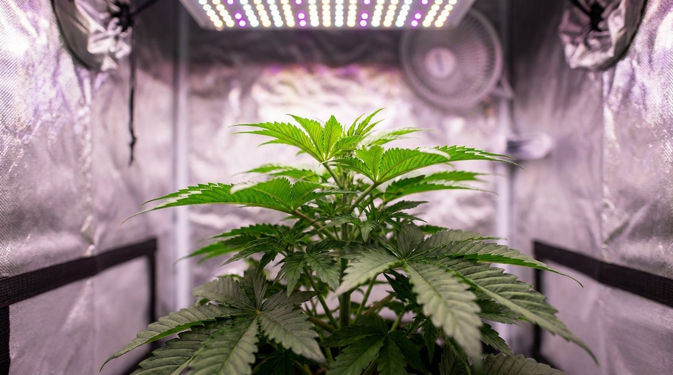 Healthy cannabis plant in vegetative stage inside a small grow tent under white LED