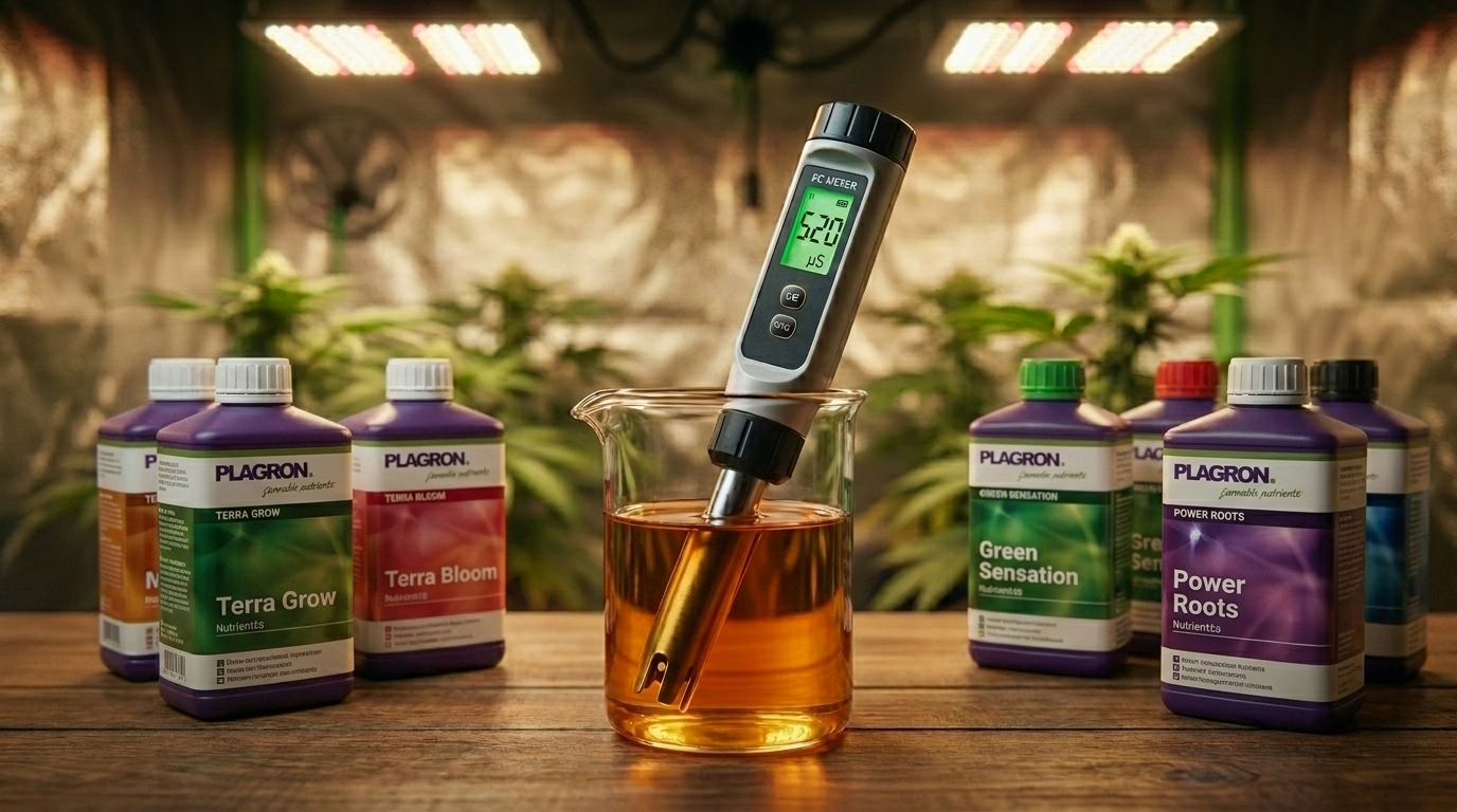 Digital EC meter measuring the conductivity of a nutrient solution in a beaker