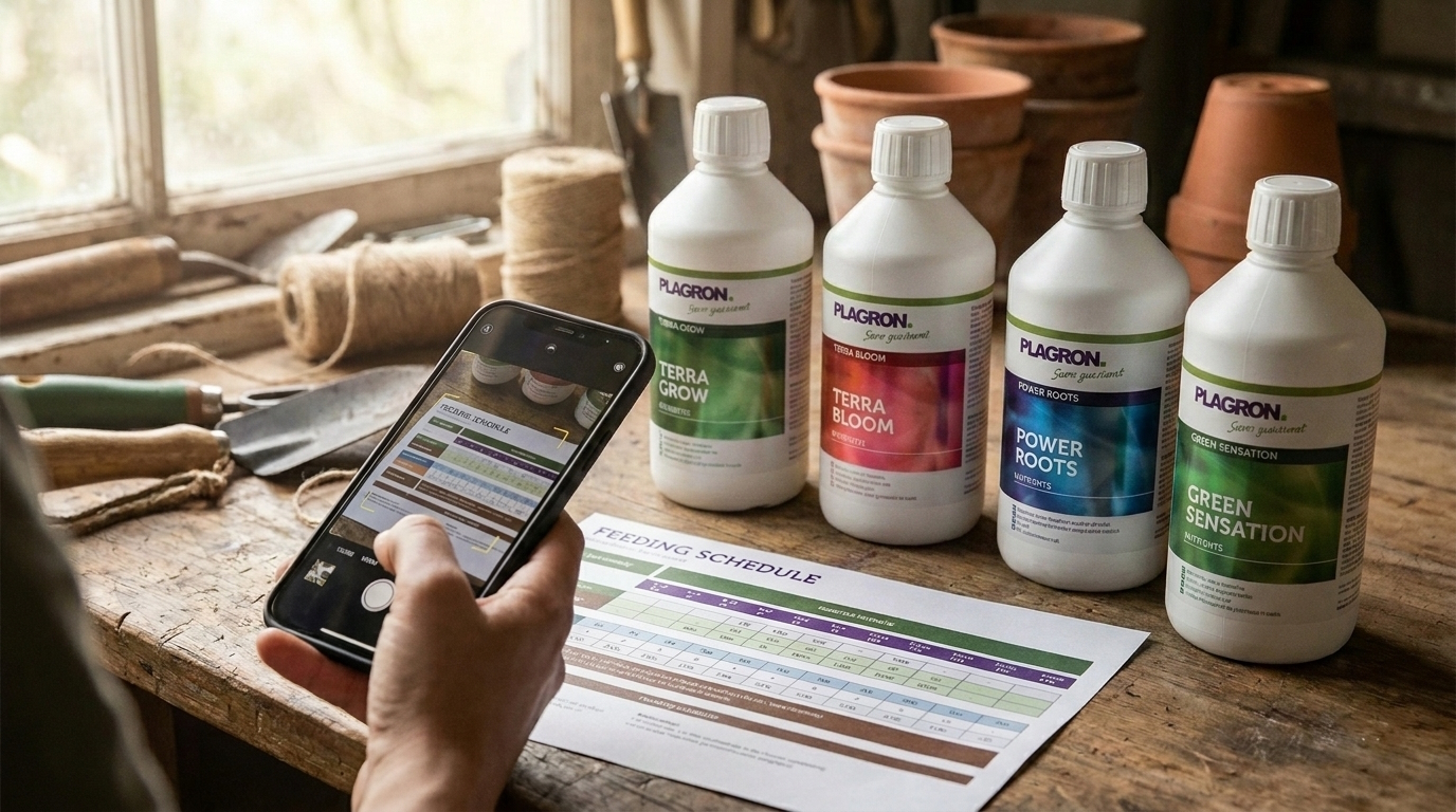 Smartphone scanning a paper feeding chart on a workbench next to nutrient bottles
