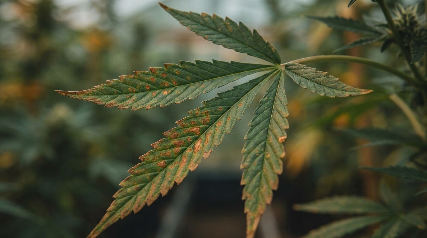Close-up of cannabis leaf showing brown burned tips typical of overfeeding