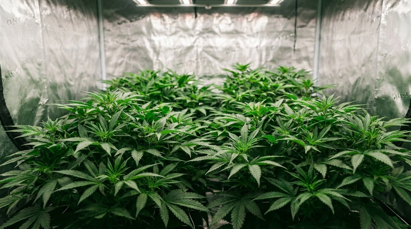 Growing cannabis plant next to nutrient bottles and a phone showing the GrowHelper feeding log