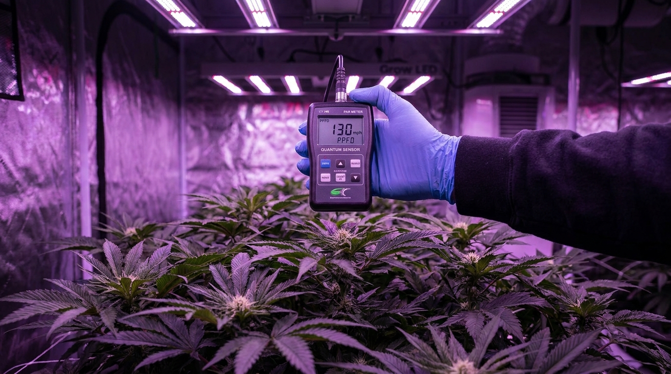 A PAR meter held above a cannabis canopy under purple LED light, measuring PPFD