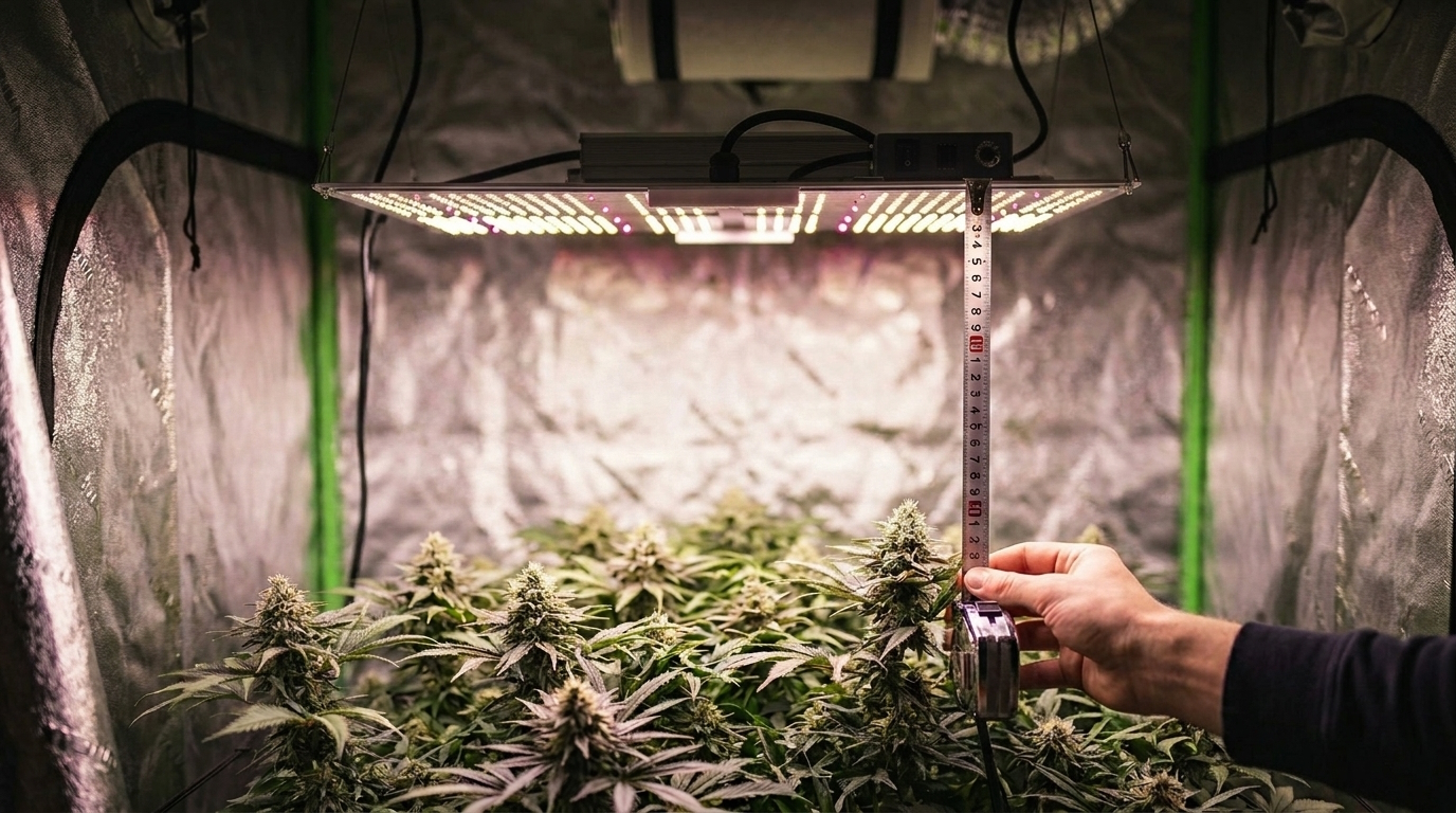 Side view of an LED grow light hanging at a measured distance above cannabis plants with a tape measure visible