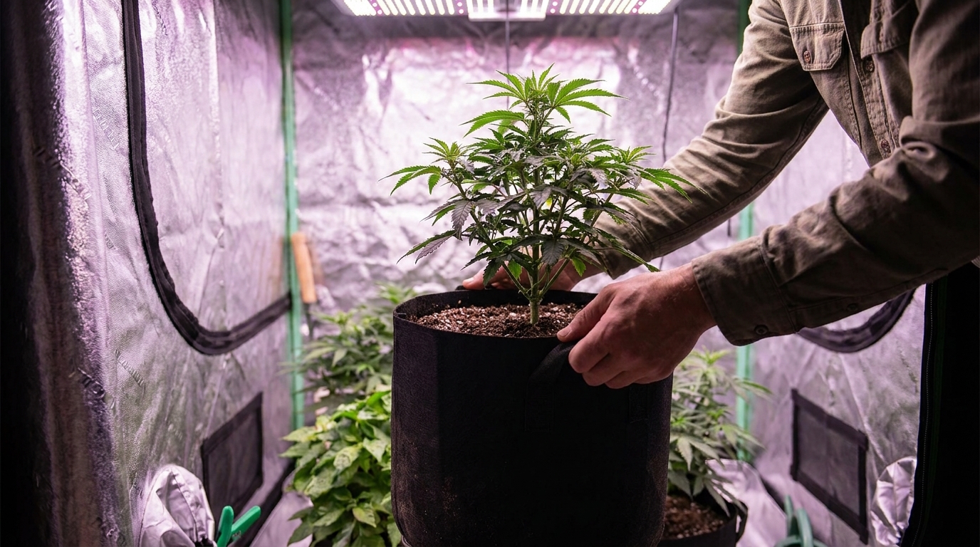 A grower's hand lifting a black fabric pot in a grow tent to feel its weight