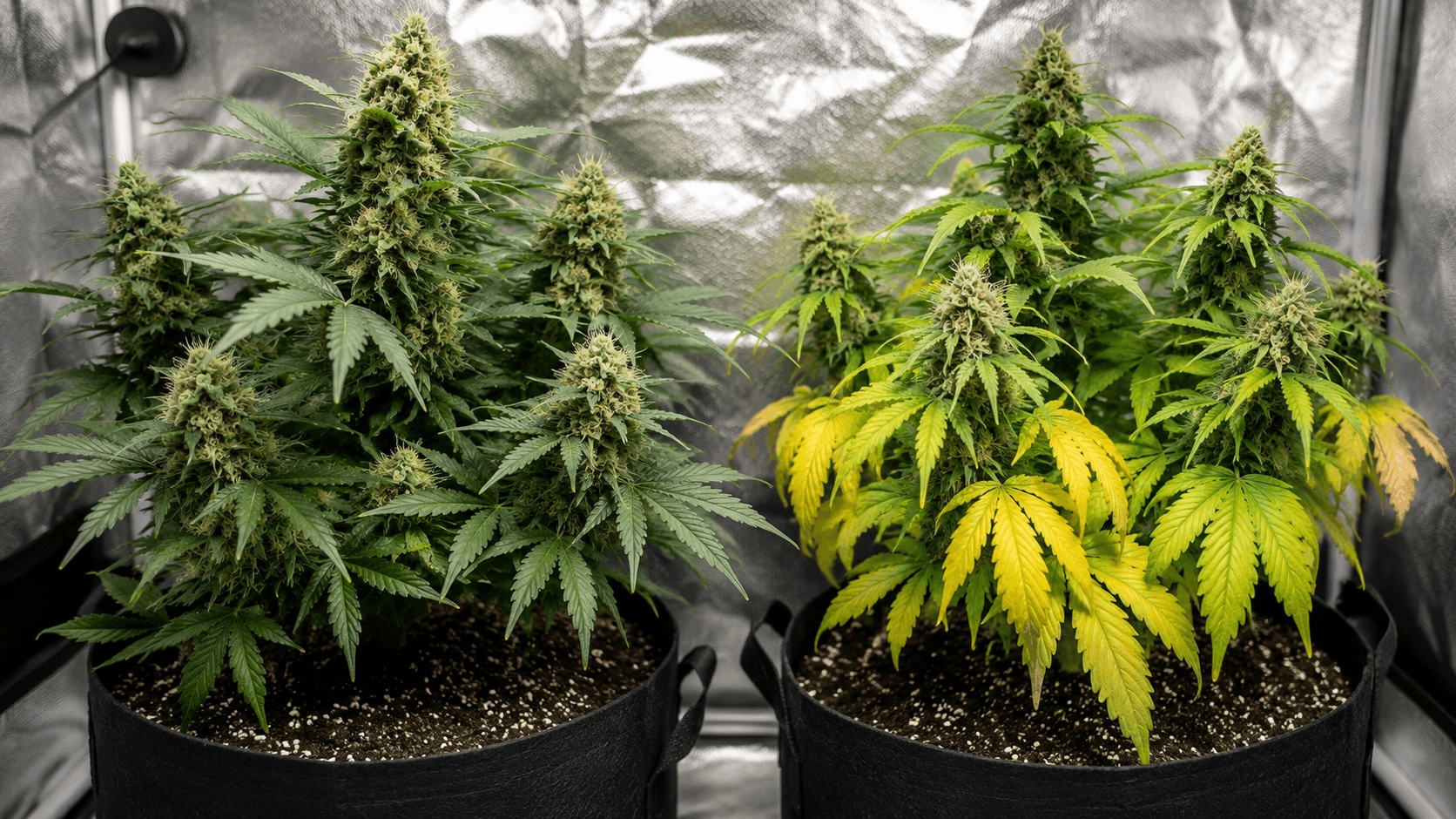 Left: healthy cannabis plant with strong white roots. Right: yellowing plant next to fertilizer bottles.