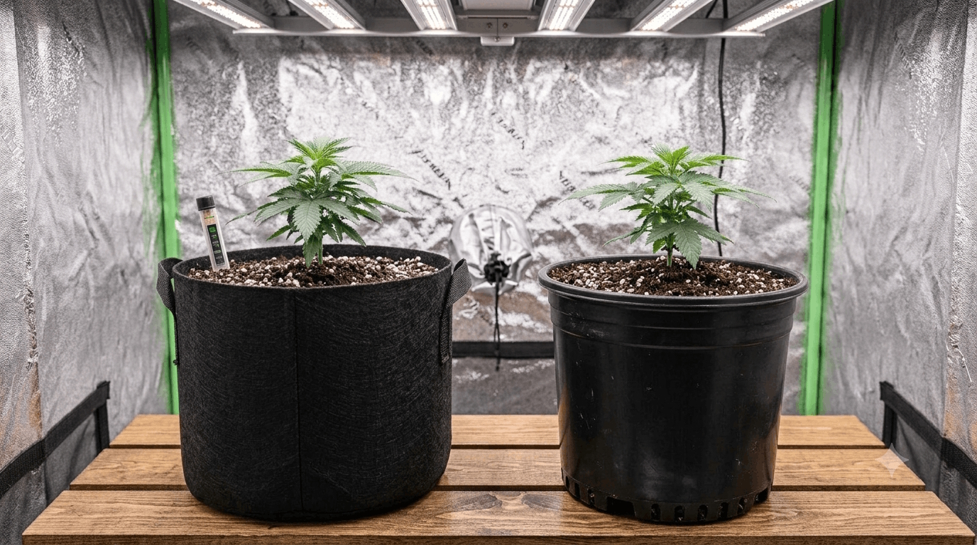 Two identical cannabis plants side by side in a grow tent — one in a black fabric pot, one in a solid black plastic pot