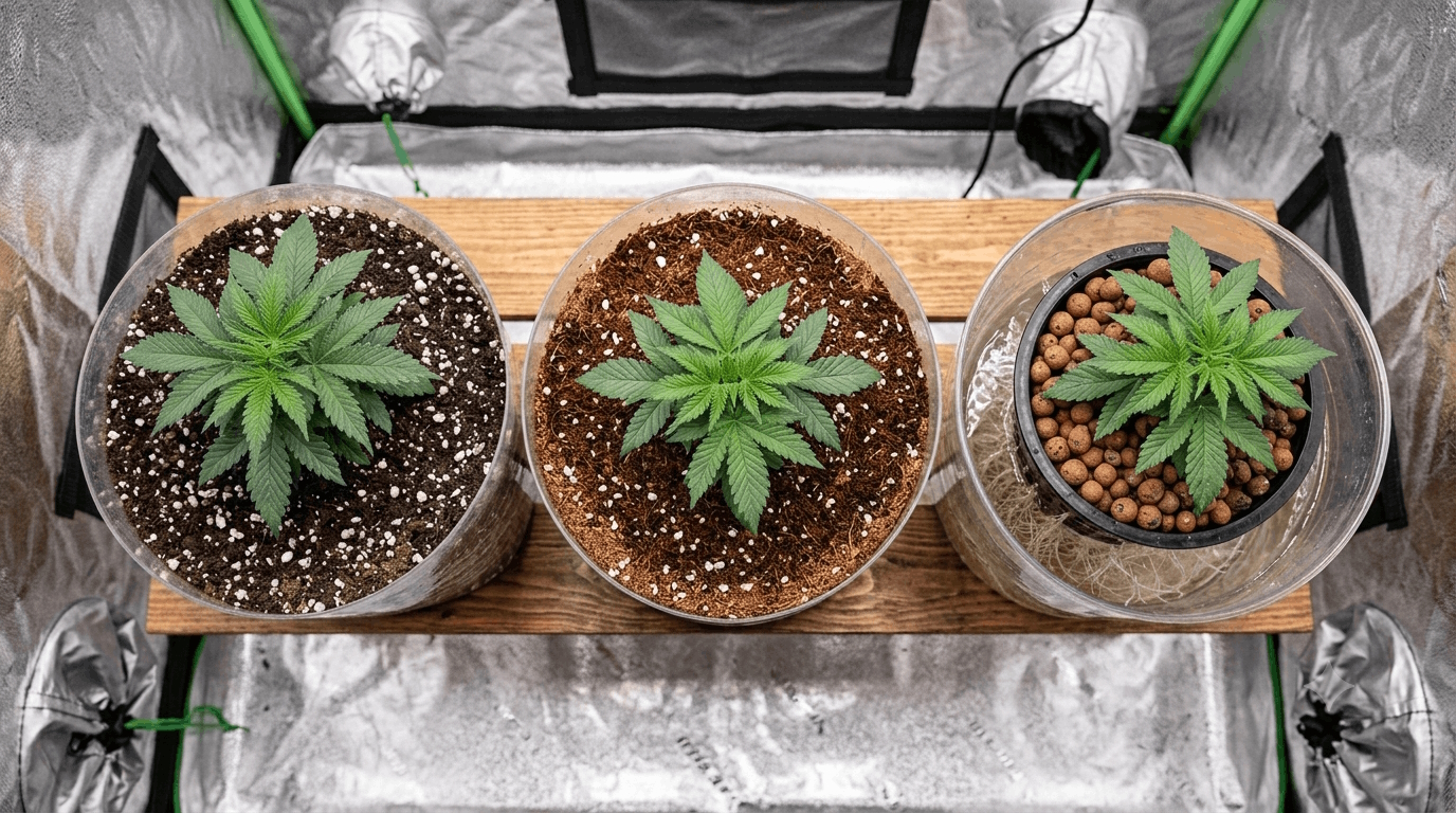 Top-down view of three growing substrates side by side: dark living soil, brown fluffy coco coir, and beige clay hydroton pebbles in a mesh net pot