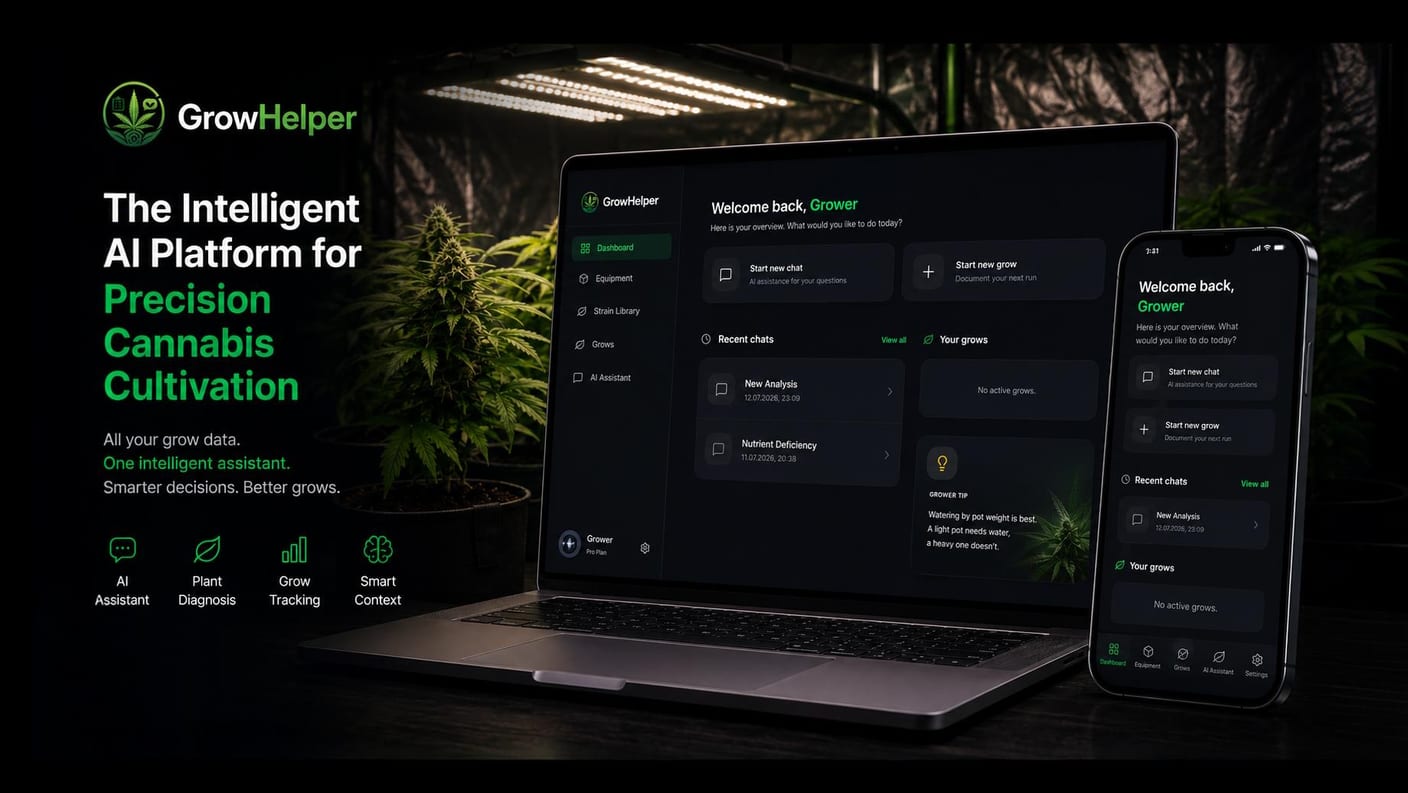 Smartphone with grow app in a modern LED-lit indoor cannabis tent