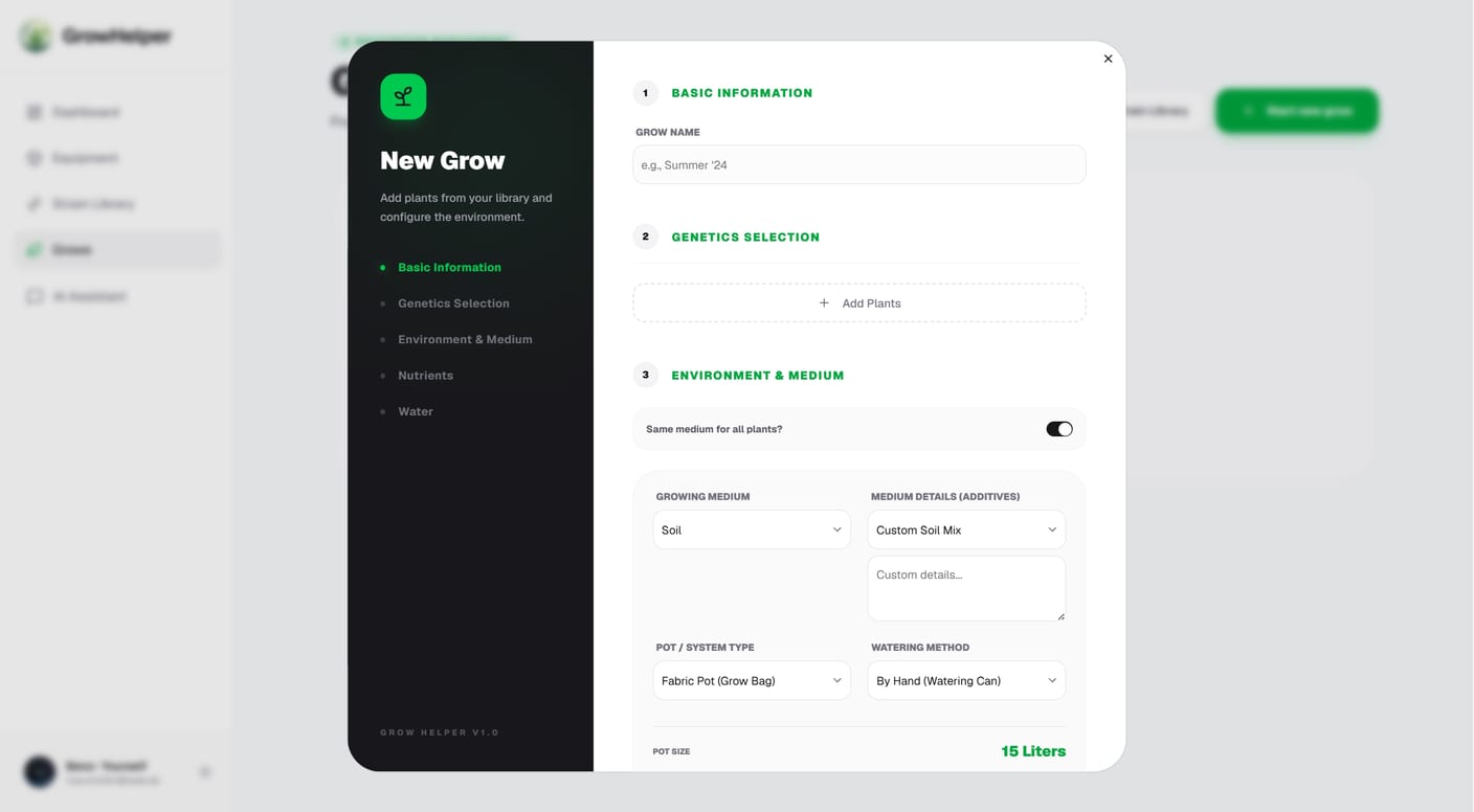 Grower holding a smartphone with a grow project dashboard next to young cannabis plants