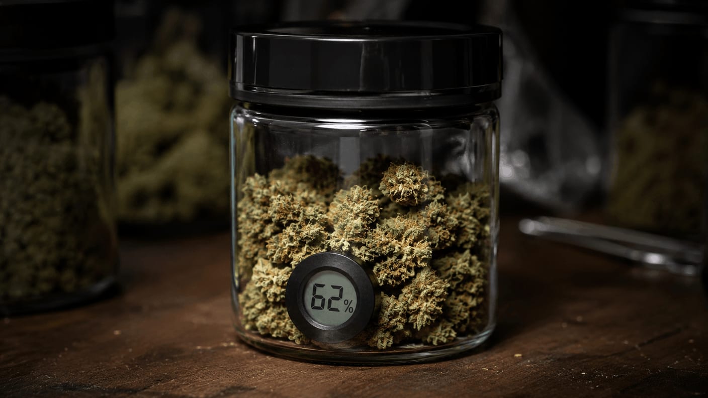 Glass jar with cured cannabis buds and a small digital hygrometer reading 62% RH