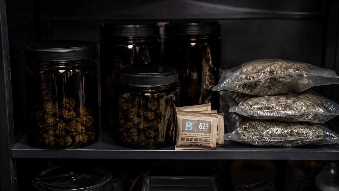 Dark amber and violet glass jars with cannabis and humidity packs stored on a cool dark shelf