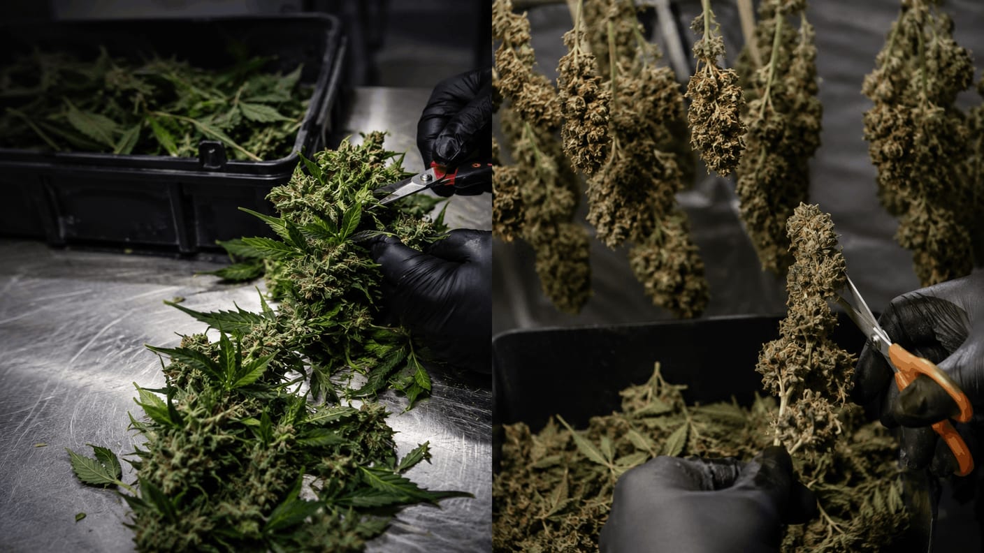 Split-screen comparison: freshly cut wet cannabis being trimmed on the left, dried branch being trimmed on the right