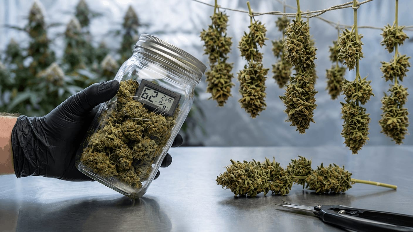 Dried cannabis flowers in a mason jar during curing