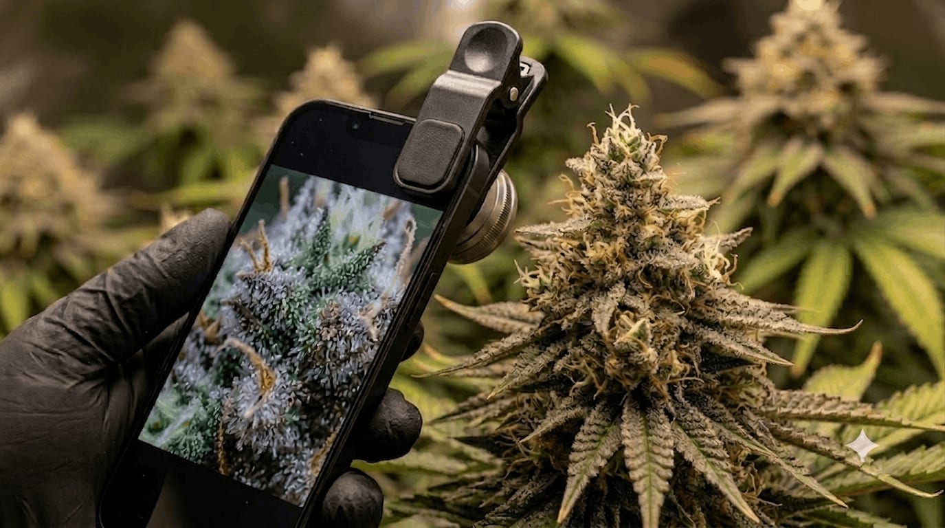 Hand holding a smartphone with a clip-on macro lens against a cannabis bud in a tent
