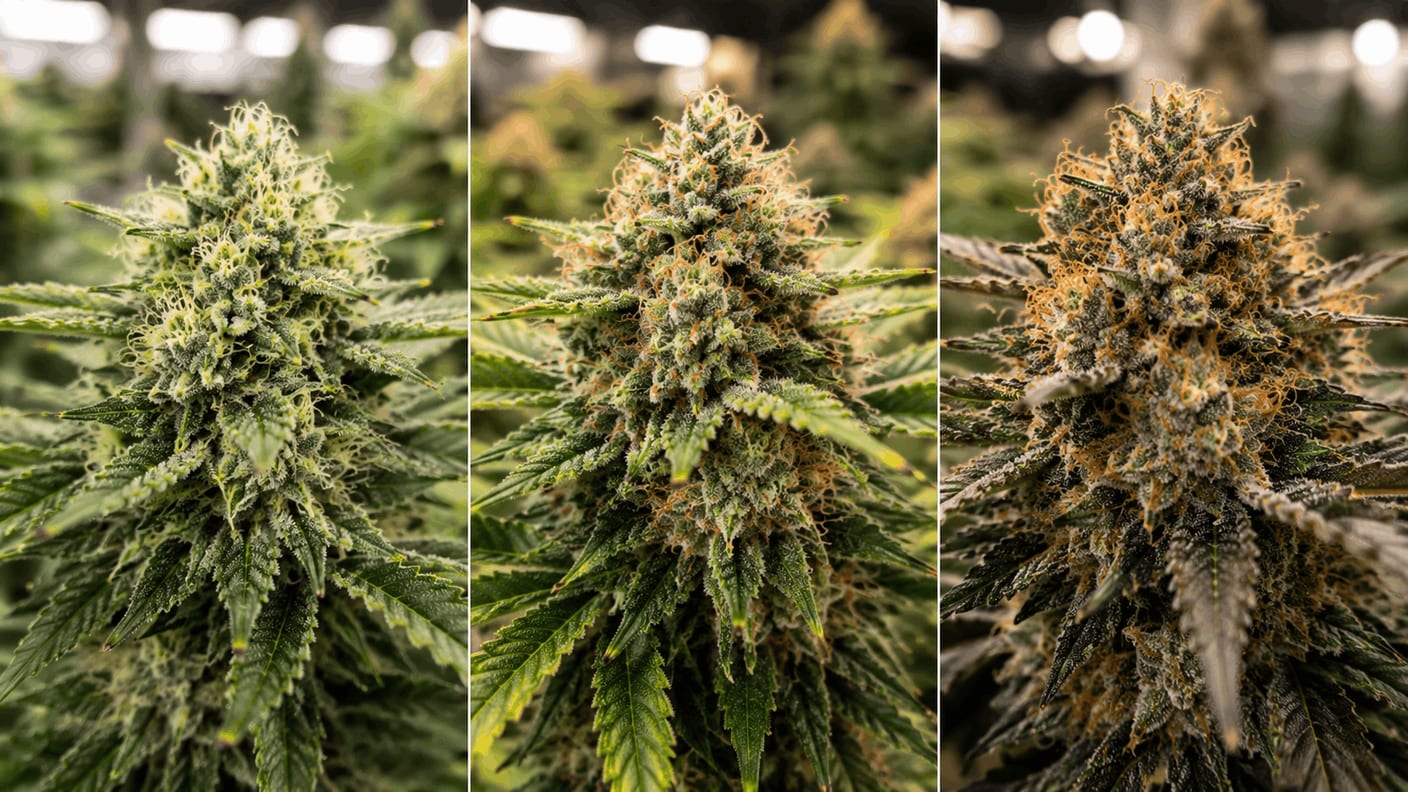 Three cannabis buds side by side: unripe with many white pistils, ripe and swollen, overripe with aged pistils