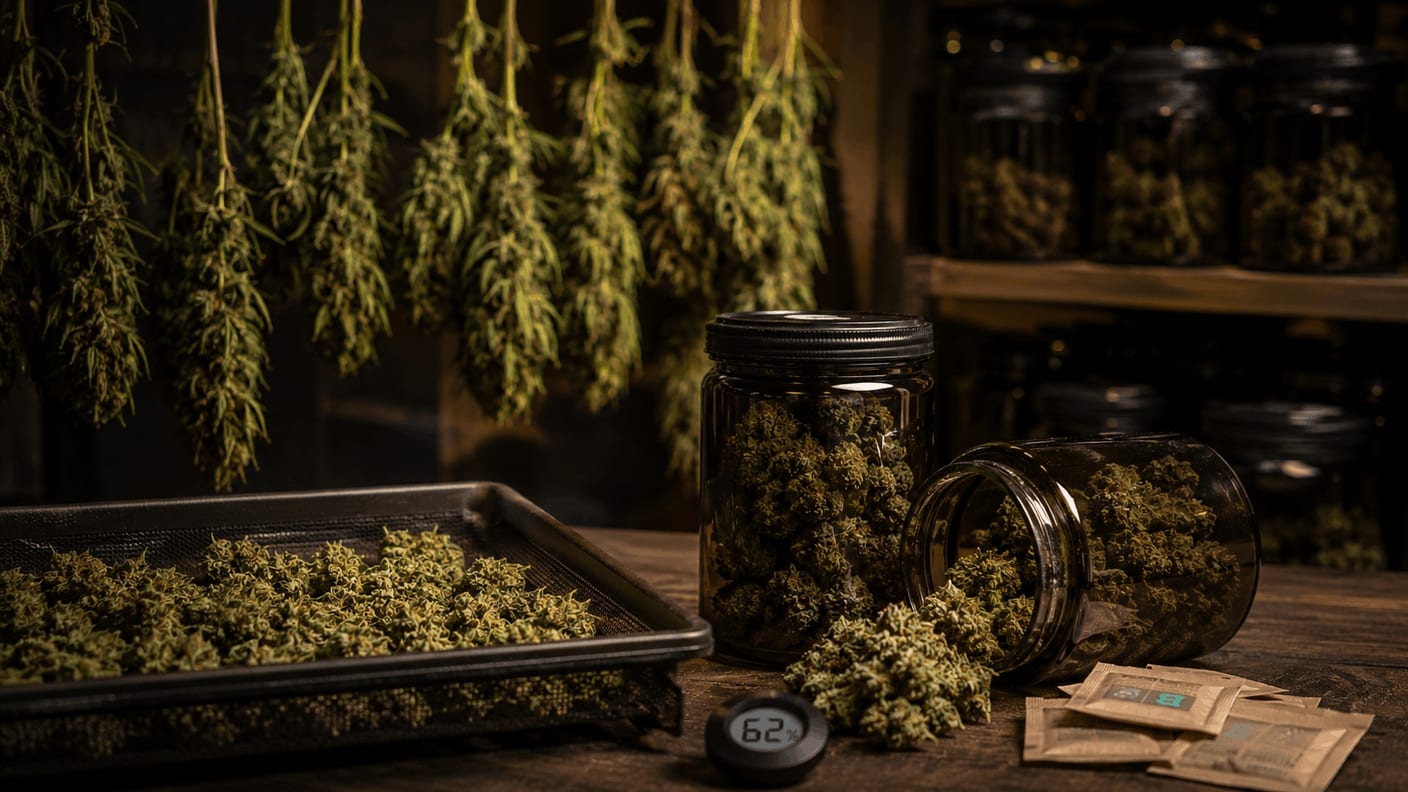 Cannabis branches hanging upside down in a dark drying room