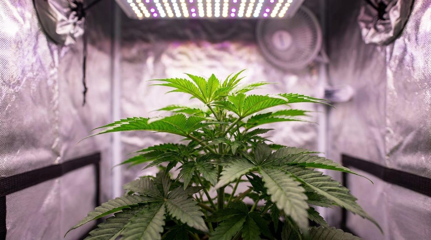 Healthy cannabis plant in vegetative stage inside a small grow tent under white LED