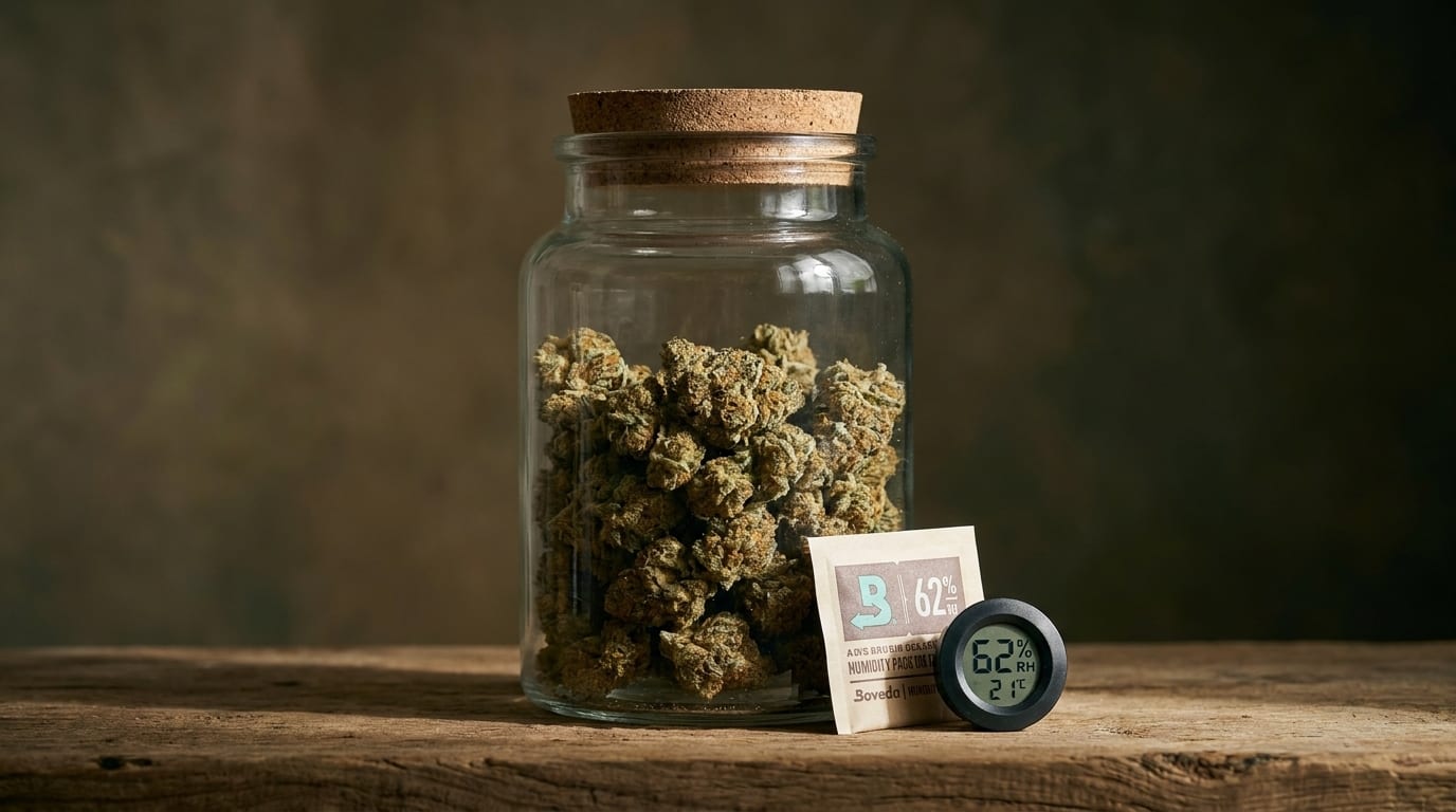 Mason jars filled with cured cannabis on a dark shelf