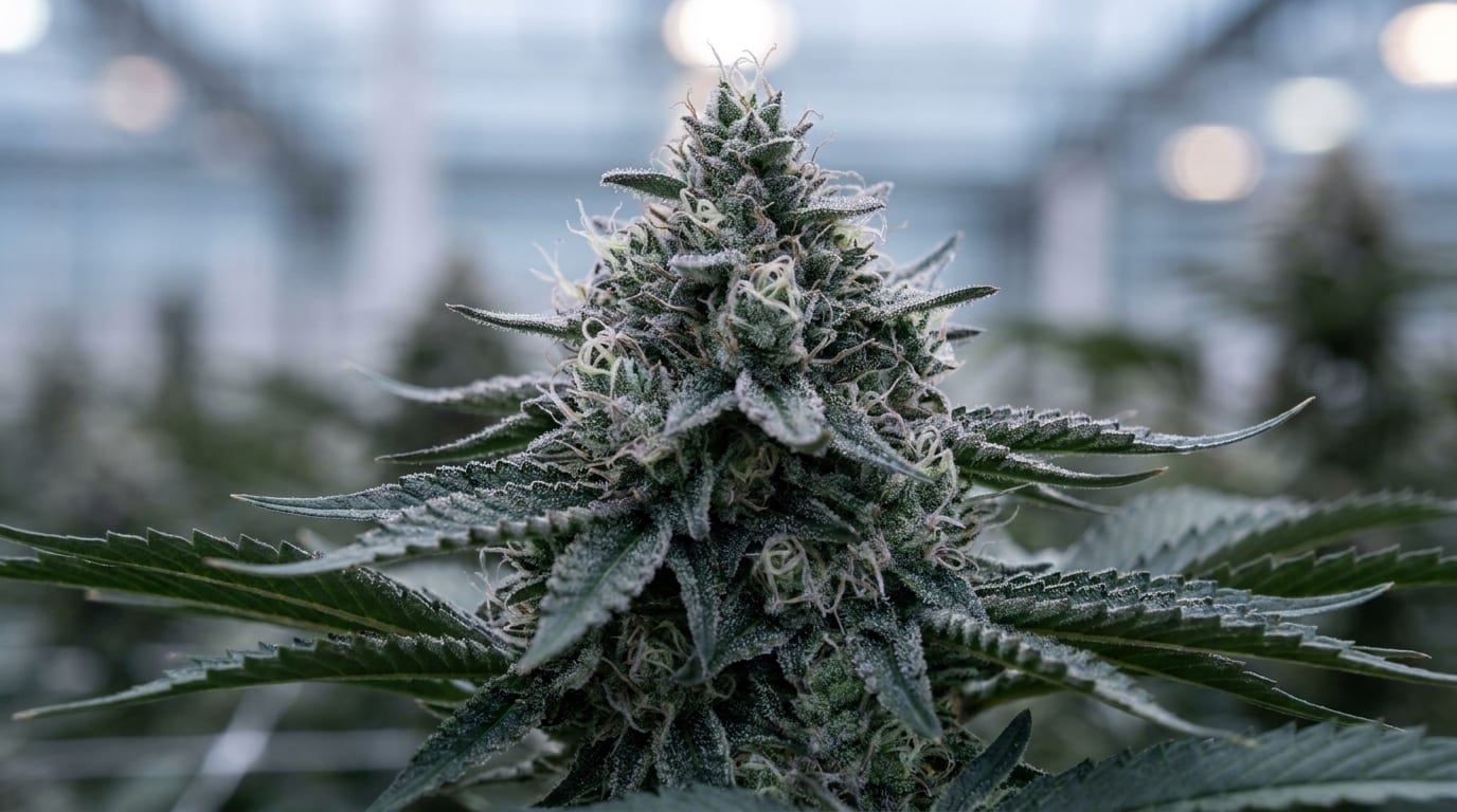 Tall mature photoperiod cannabis plant in late flower with dense frosty buds
