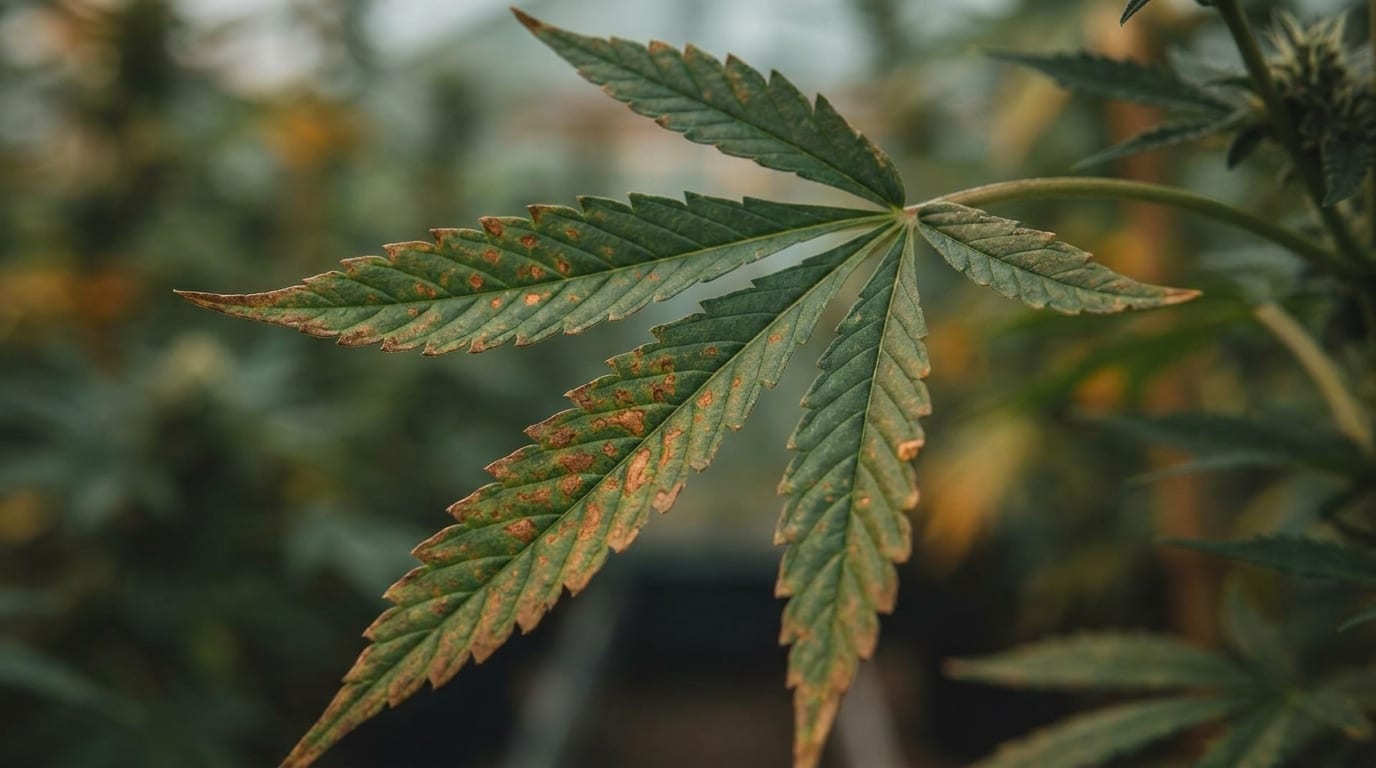 Cannabis leaf with rust-coloured necrotic spots characteristic of calcium deficiency