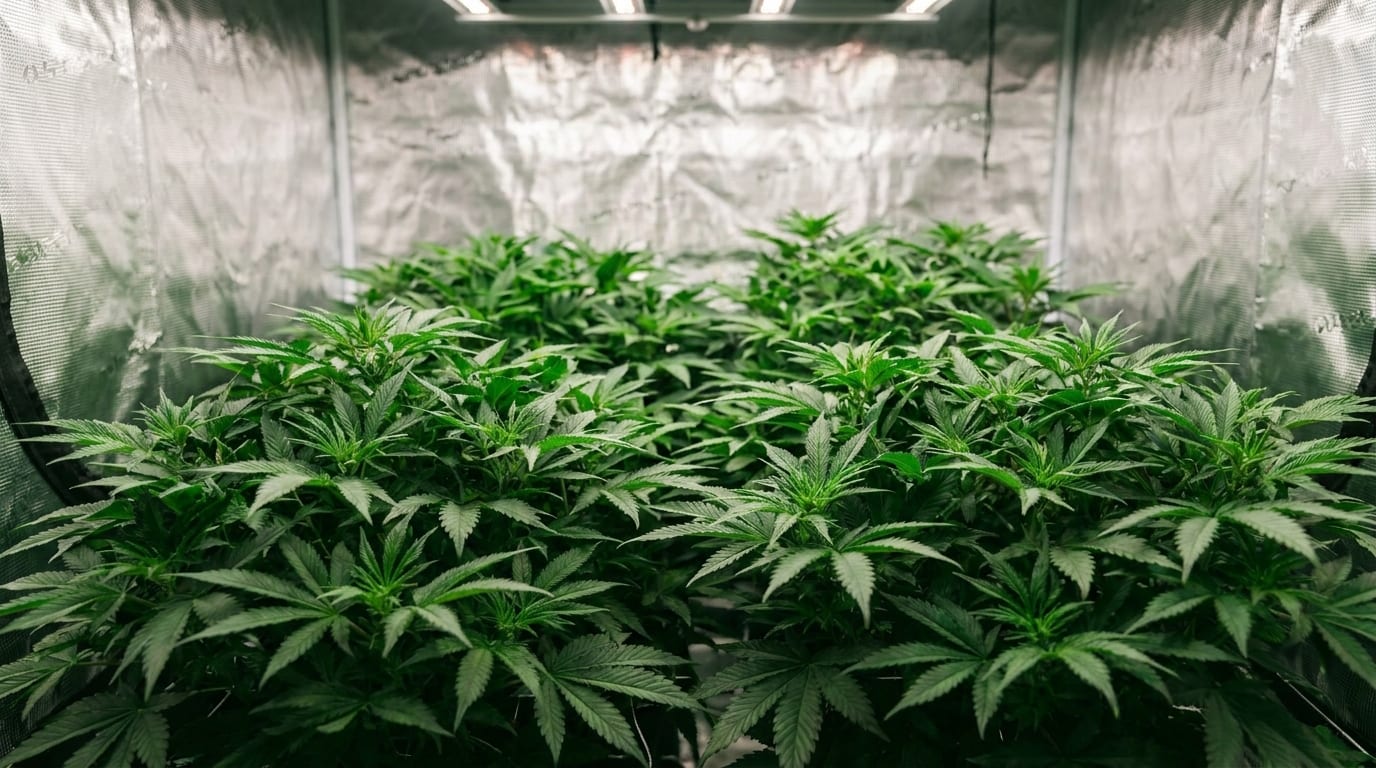 Healthy emerald-green cannabis plants in a clean grow tent