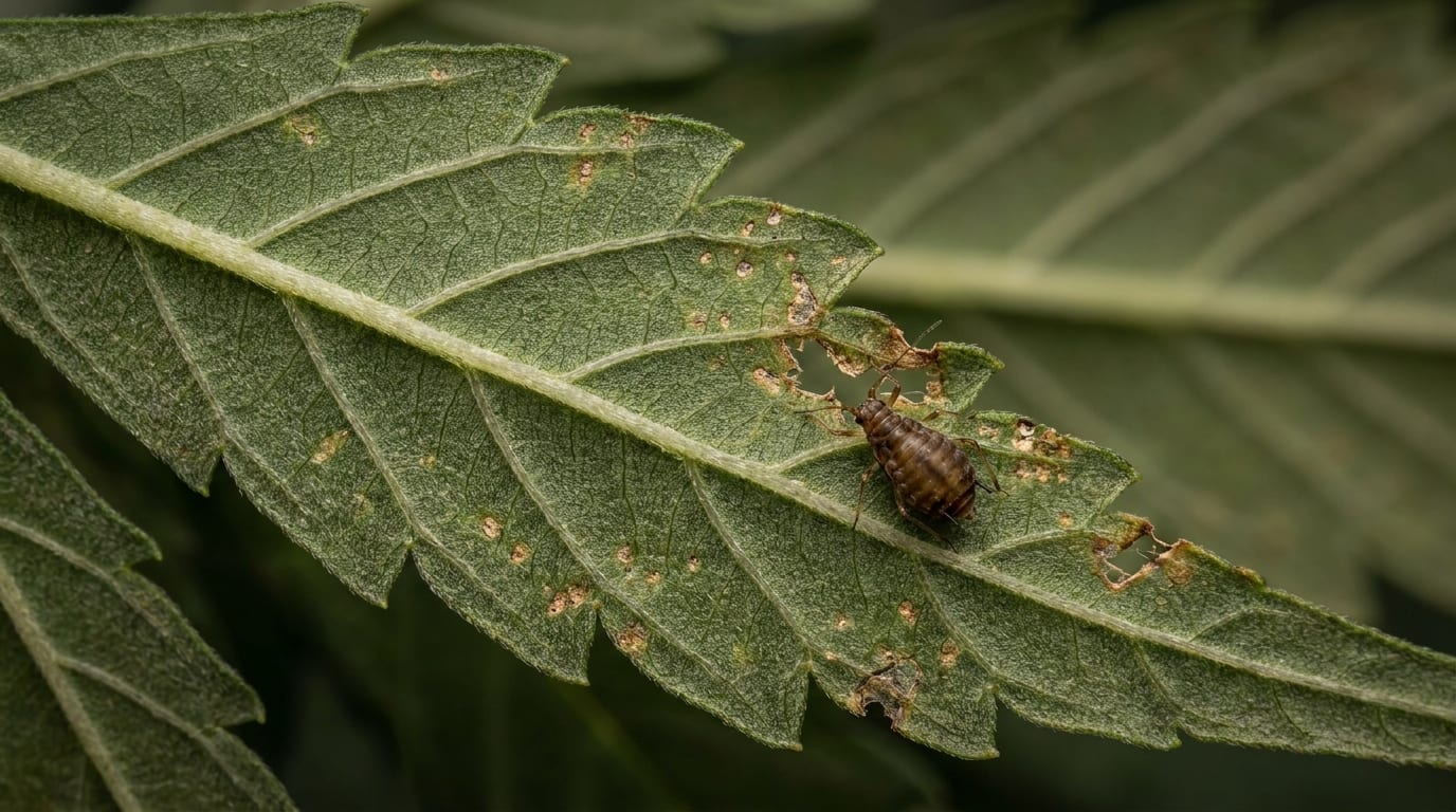 Extreme macro of the underside of a cannabis leaf showing pest damage and a tiny insect