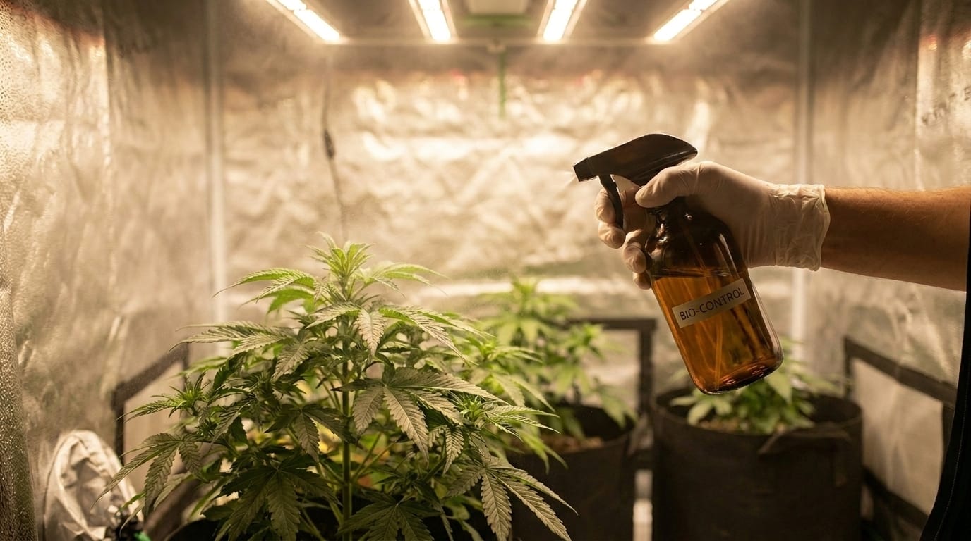 Small bottle of biological pest control being applied to a cannabis leaf in a grow tent