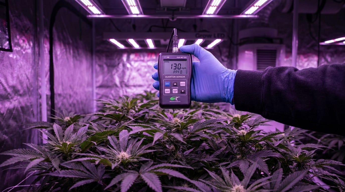 A PAR meter held above a cannabis canopy under purple LED light, measuring PPFD