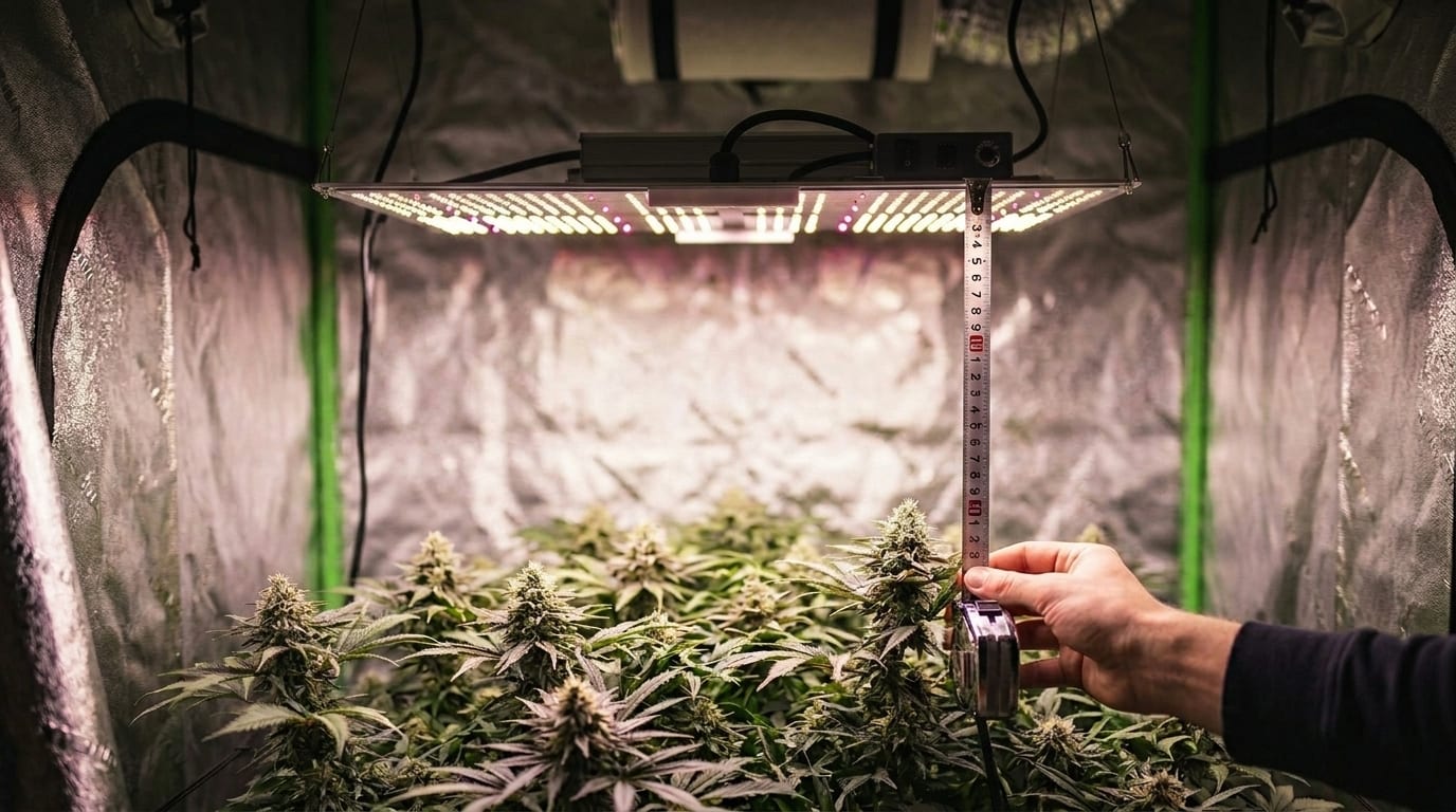 Side view of an LED grow light hanging at a measured distance above cannabis plants with a tape measure visible