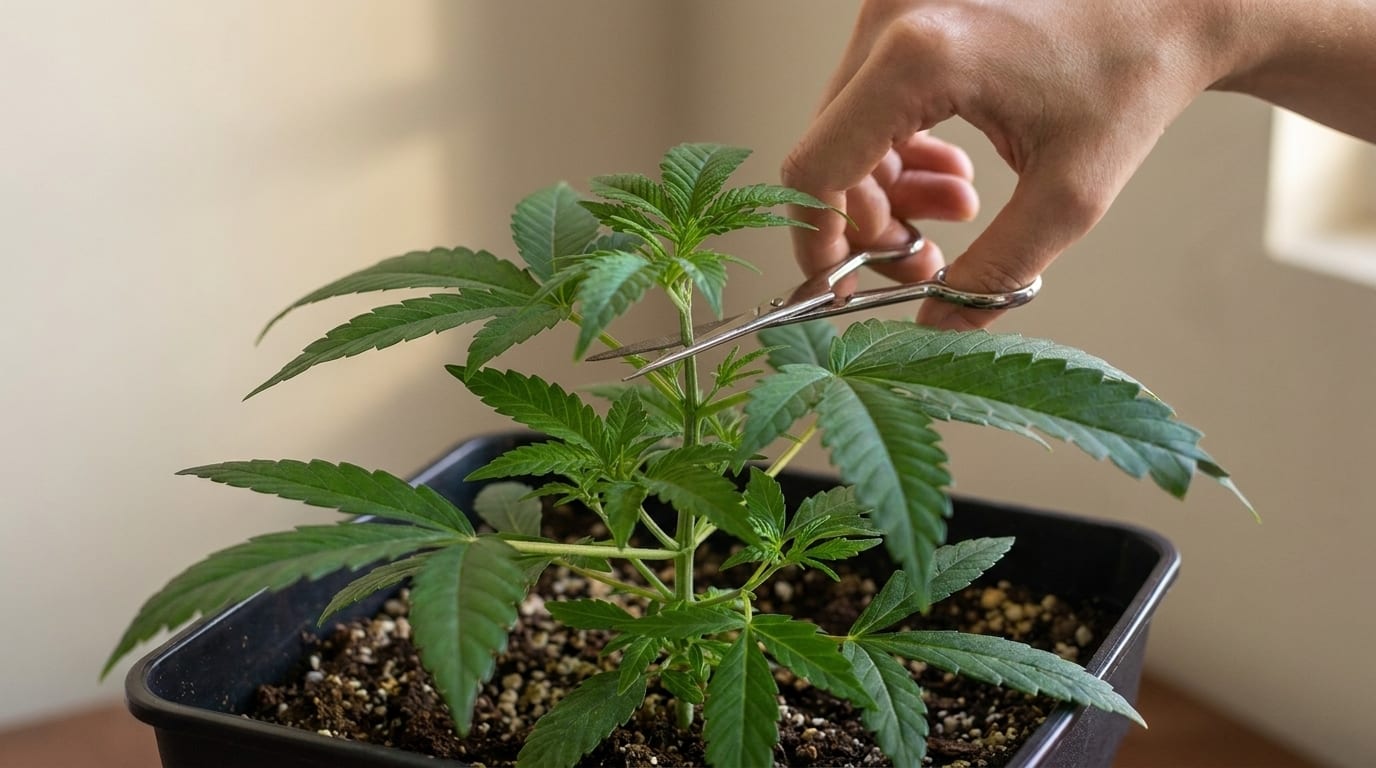Gardener's hands using small scissors to top the main shoot of a young cannabis plant