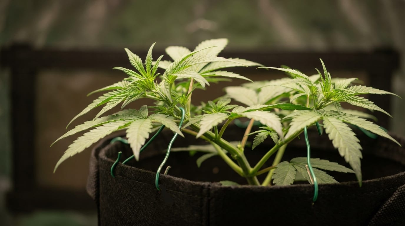 A cannabis plant trained with Low Stress Training, branches gently tied down to the rim of the pot