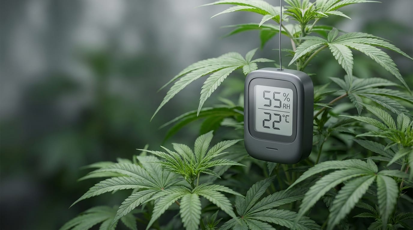 Digital hygrometer hanging in a cannabis grow tent showing temperature and humidity