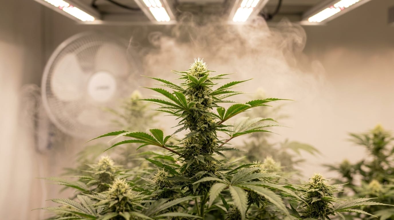 Top-down view of cannabis canopy with an oscillating fan and LED bar