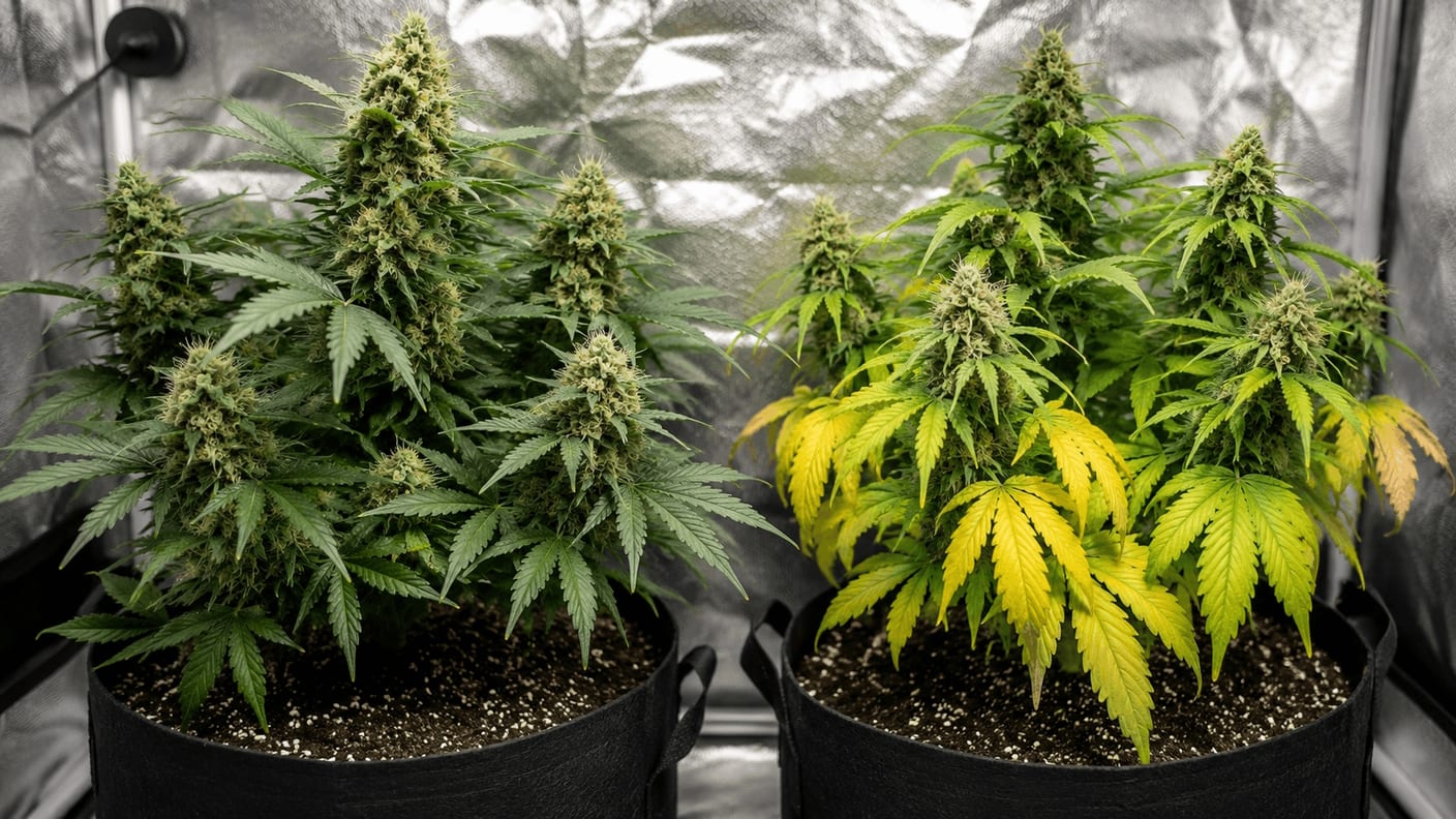 Left: healthy cannabis plant with strong white roots. Right: yellowing plant next to fertilizer bottles.