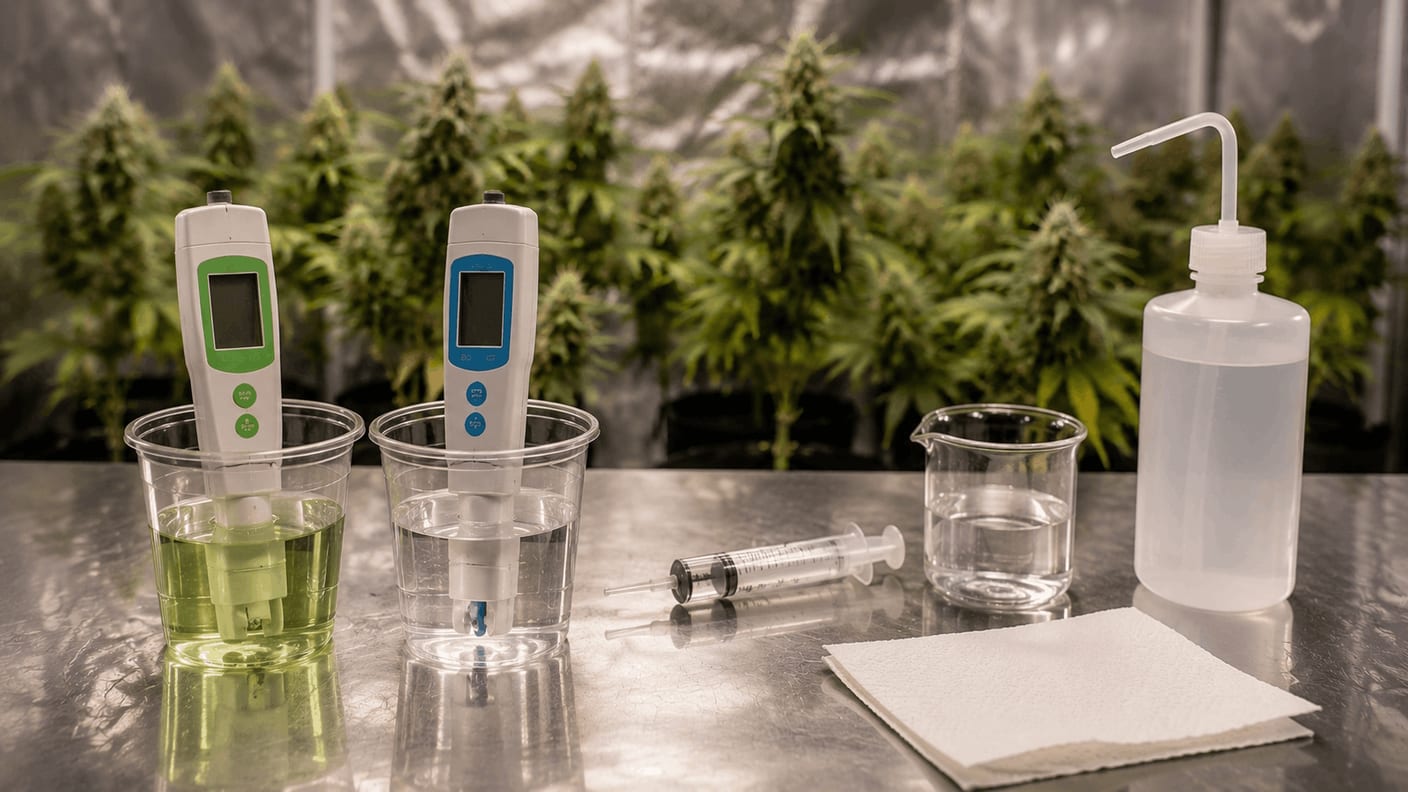 Digital pH and EC meter next to calibration solutions on a bench