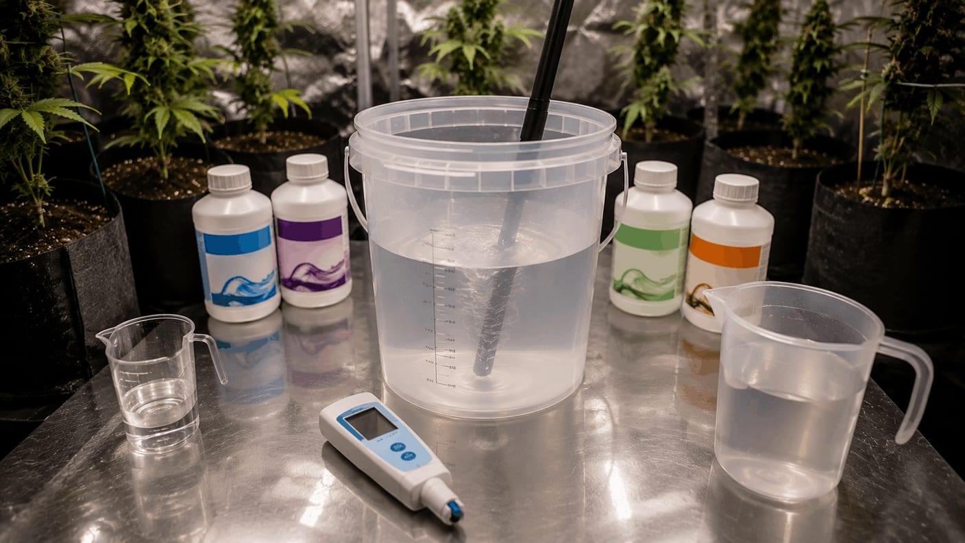 Grower checking a nutrient solution with a measuring cup