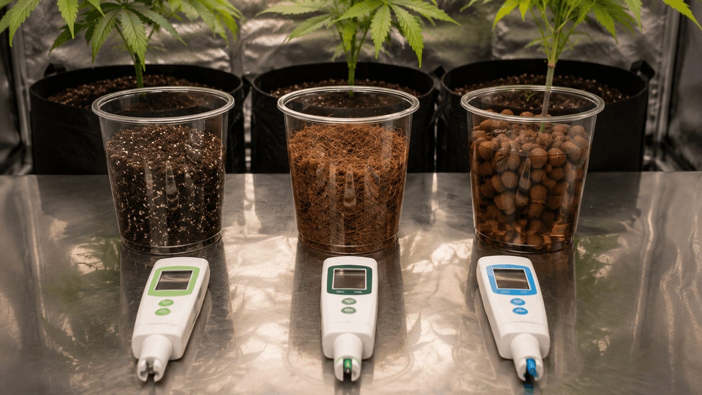 Three side-by-side pots showing soil, coco and hydroponic clay pebbles