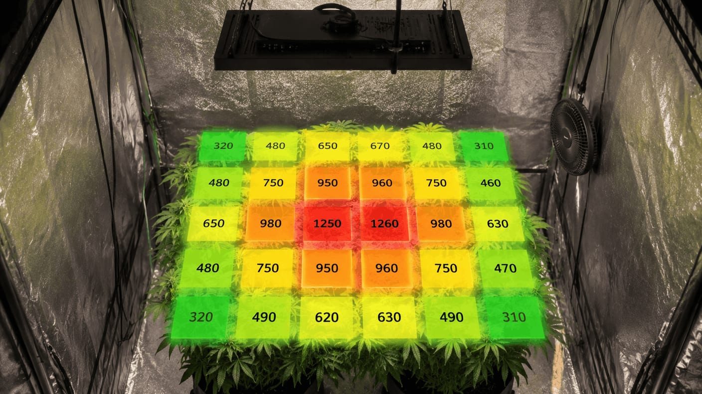Top-down heatmap of PPFD in a grow tent showing bright centre and dimmer corners