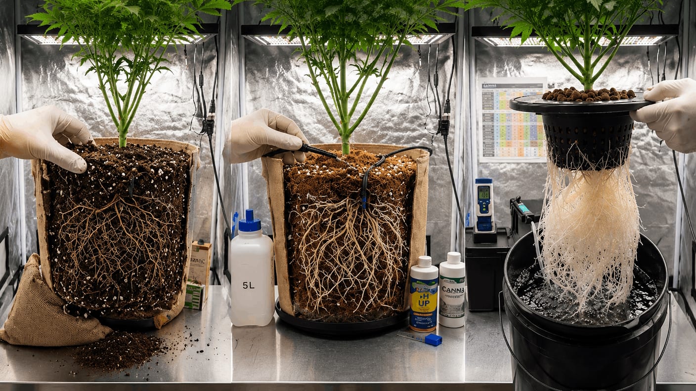 Root balls in soil, in coco fibers, and freely suspended in oxygenated nutrient solution