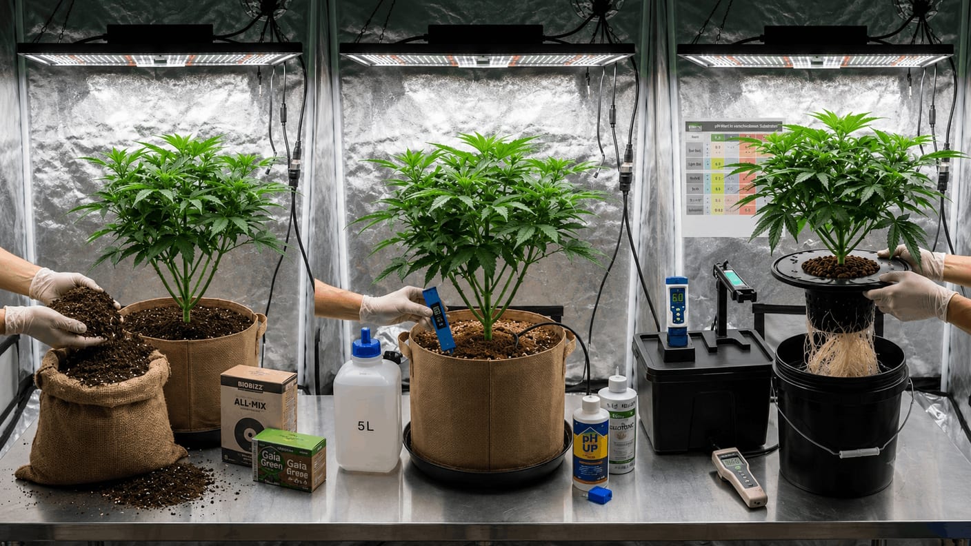 Cannabis in a fabric pot with soil, in coco, and in a DWC bucket side by side