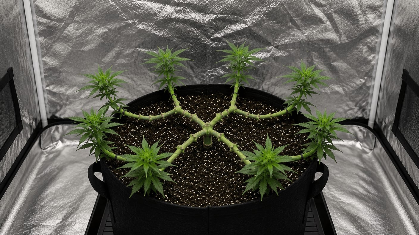Close-up of a mainlined cannabis plant with symmetrical manifold of colas radiating from a central hub