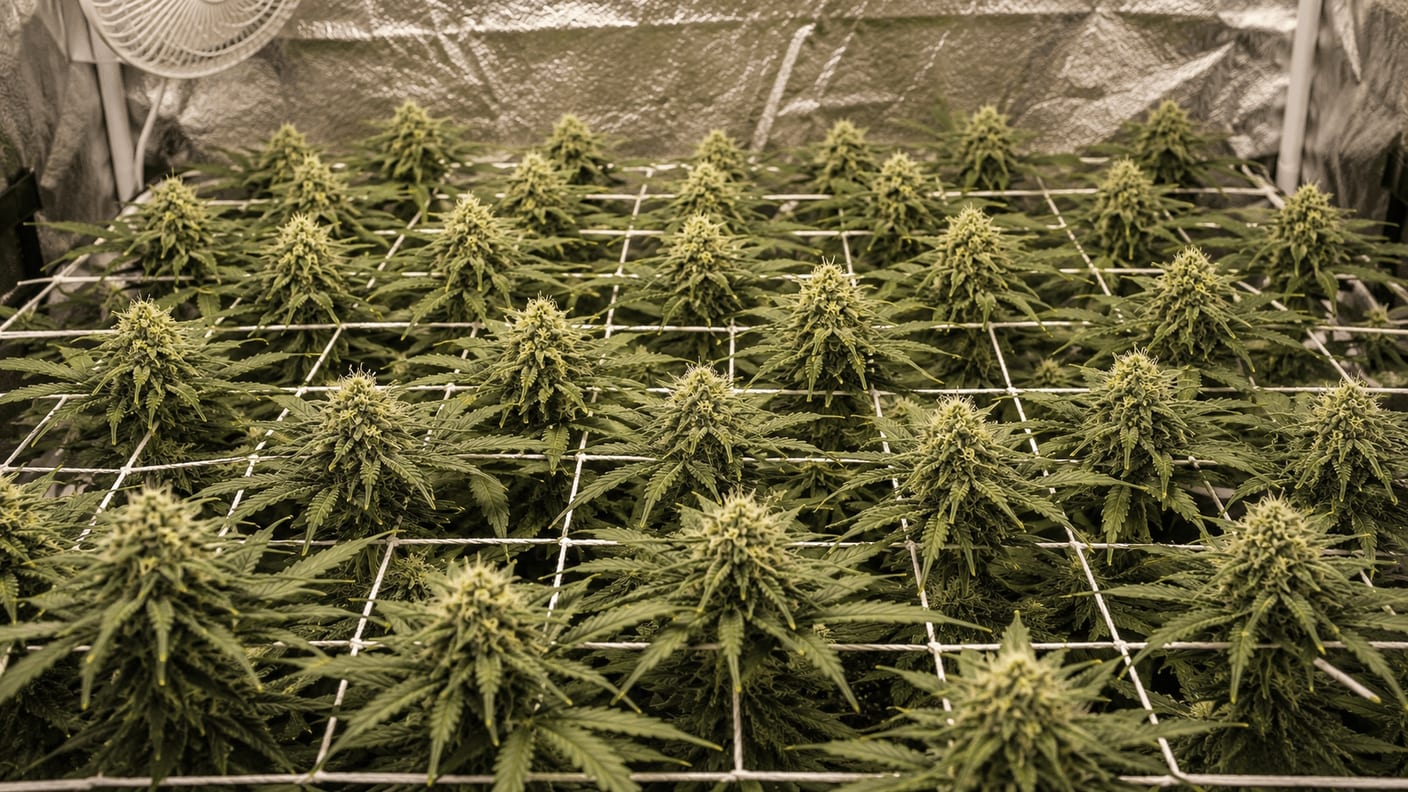 A cannabis plant grown into a SCROG net inside a grow tent