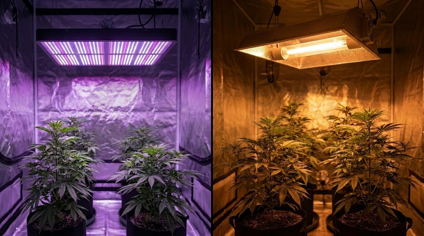 Modern full-spectrum LED grow light panel next to a classic HPS lamp above cannabis plants