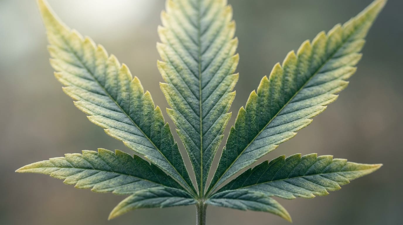 Macro photo of a cannabis leaf showing yellowing edges and chlorosis